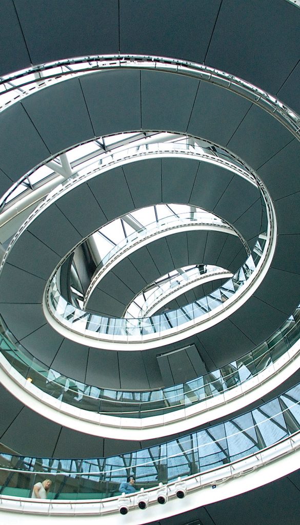 Tightening spiral walkway, evocative of long hair designs.